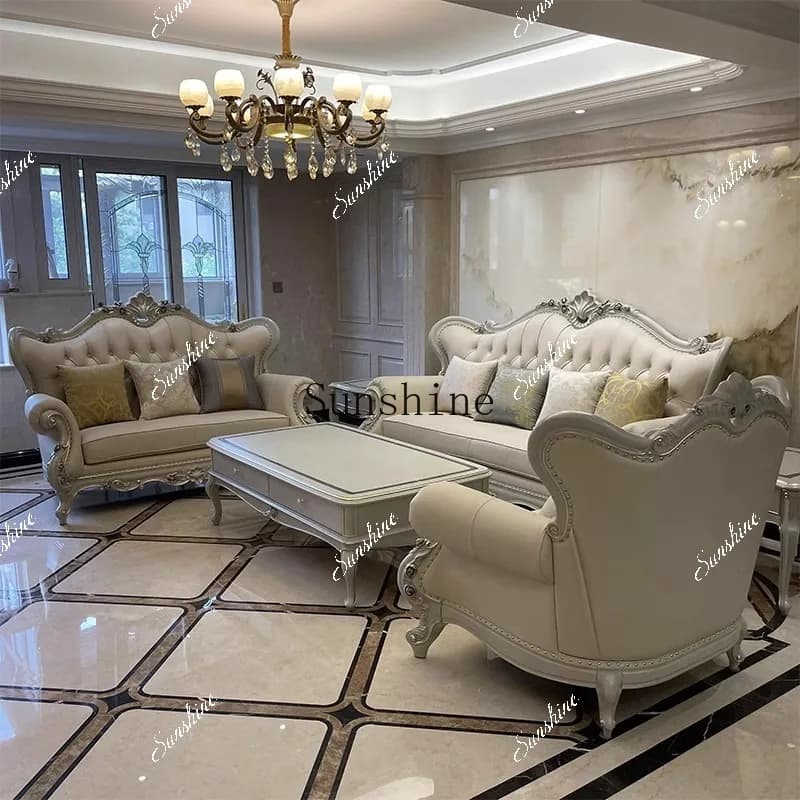 French solid wood carving flower leather sofa living room modern simple small apartment straight row three people  FT
