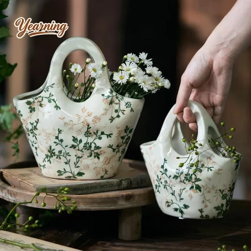 Handbag Shaped Ceramic Vase Chinese Living Room Flower Arrangement Hydroponic Creative French Retro Rustic Style High Grade