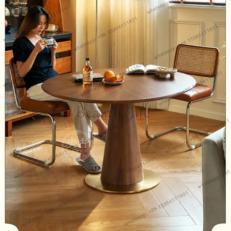 All solid wood medieval retro style black walnut color curved wood round dining table