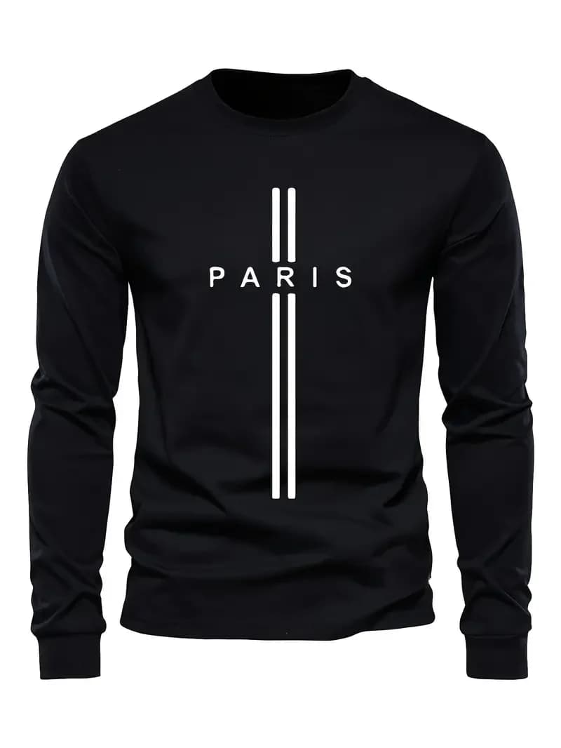 Men's Spring And Fall Fashion Casual Long-sleeved T-shirt Loose PARIS Letters Printed Pullover Round Neck Long Sleeve Sweatshirt