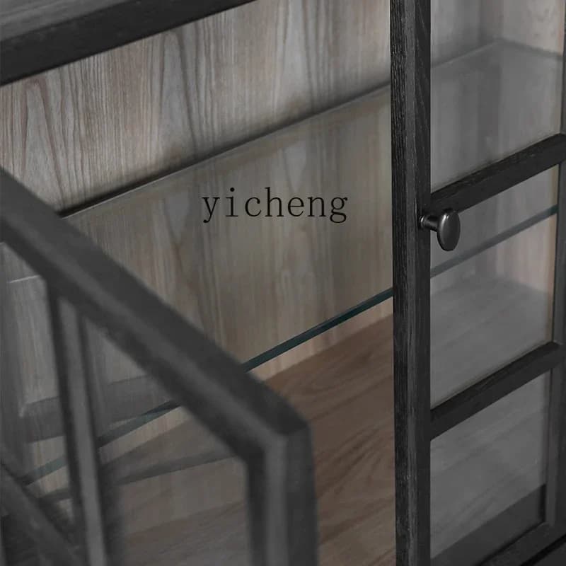 TQH7.2 retro solid wood dining side cabinet medieval display entrance cabinet black glass storage wine cabinet