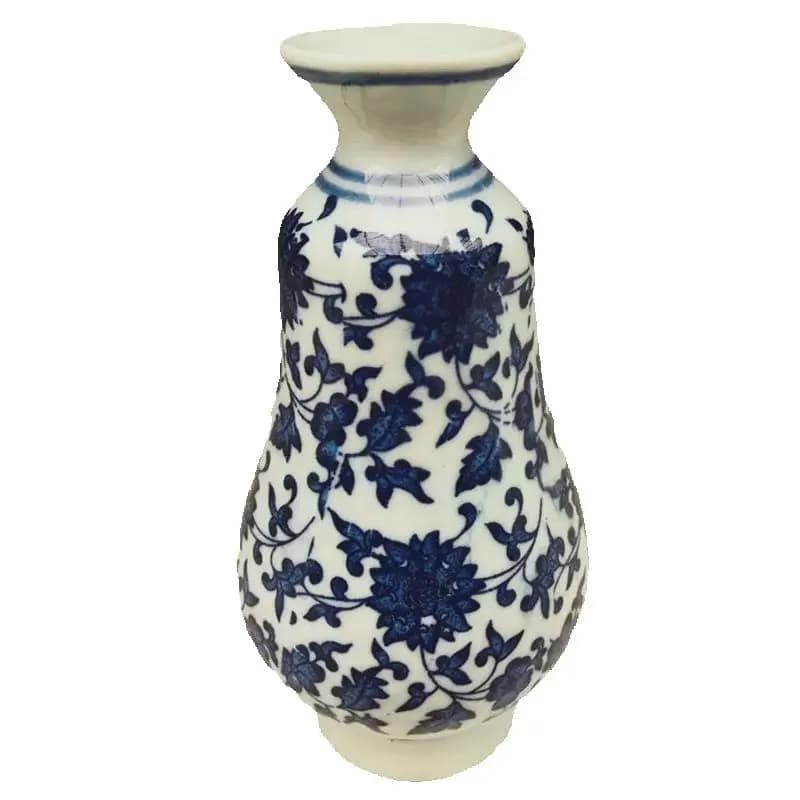 Antique Blue And White Porcelain Vase with Entangled Lotus Pattern Slender Waist Design Traditional Chinese Ceramic Art