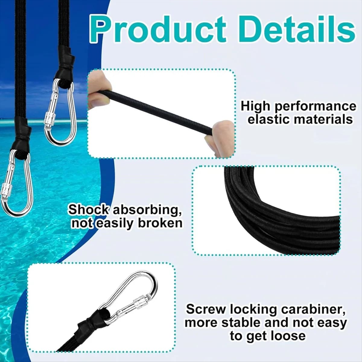 SSR 118 Inch Foam Water Pad Mat Bungee Cord Lily Pad Bungee Cord with Carabiners Foam Lake Mat Cord Floating Mat Tether Kit
