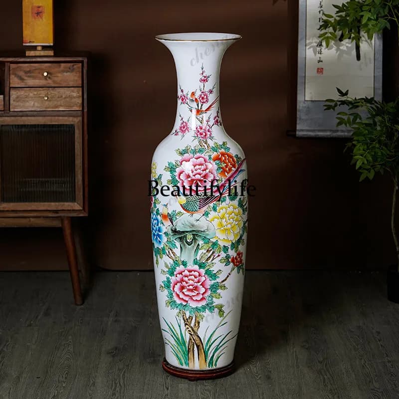 Jingdezhen ceramic high-end hand-painted large vase living room TV cabinet villa hotel floor-to-ceiling ornament