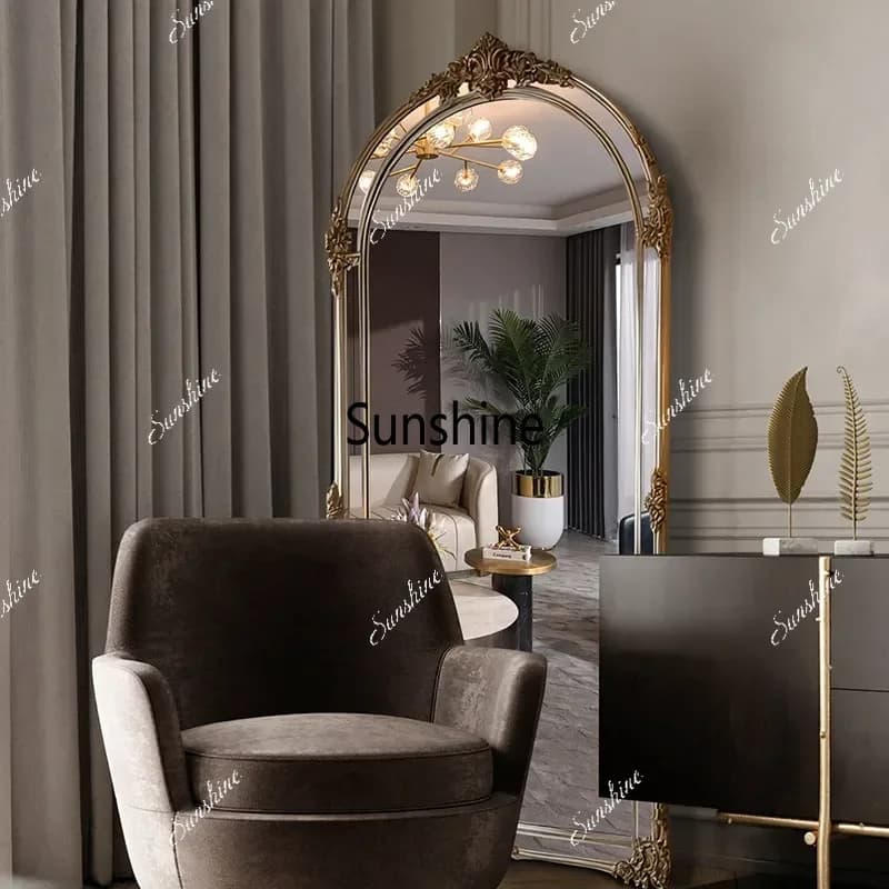 French vintage full body mirror arched floor mirror wooden Nordic style home cloakroom fitting mirror wall mounted dressing mirr