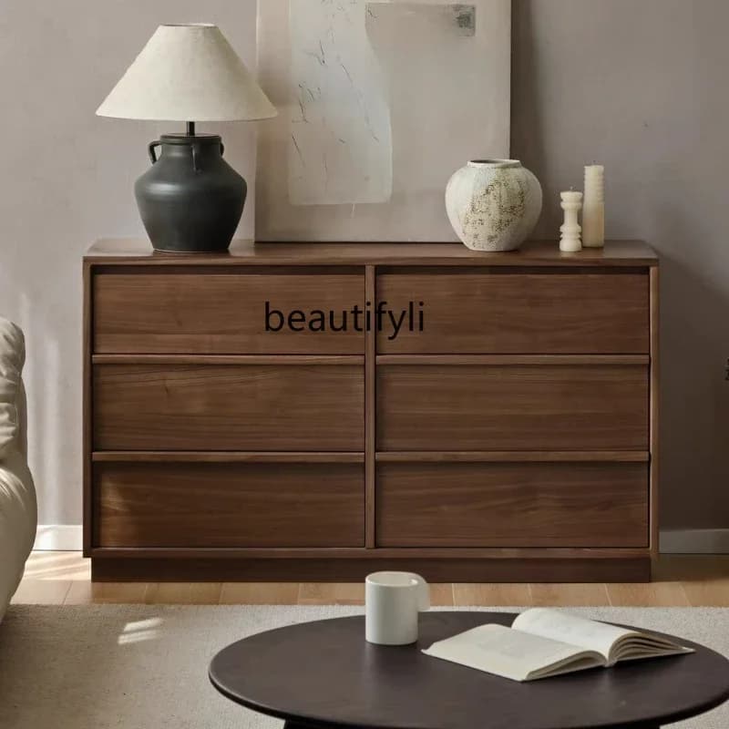 X Solid Wood Chest of Drawers Bedroom Simple Storage Home Skeleton Line Side Cabinet Black Walnut Modern Living Room