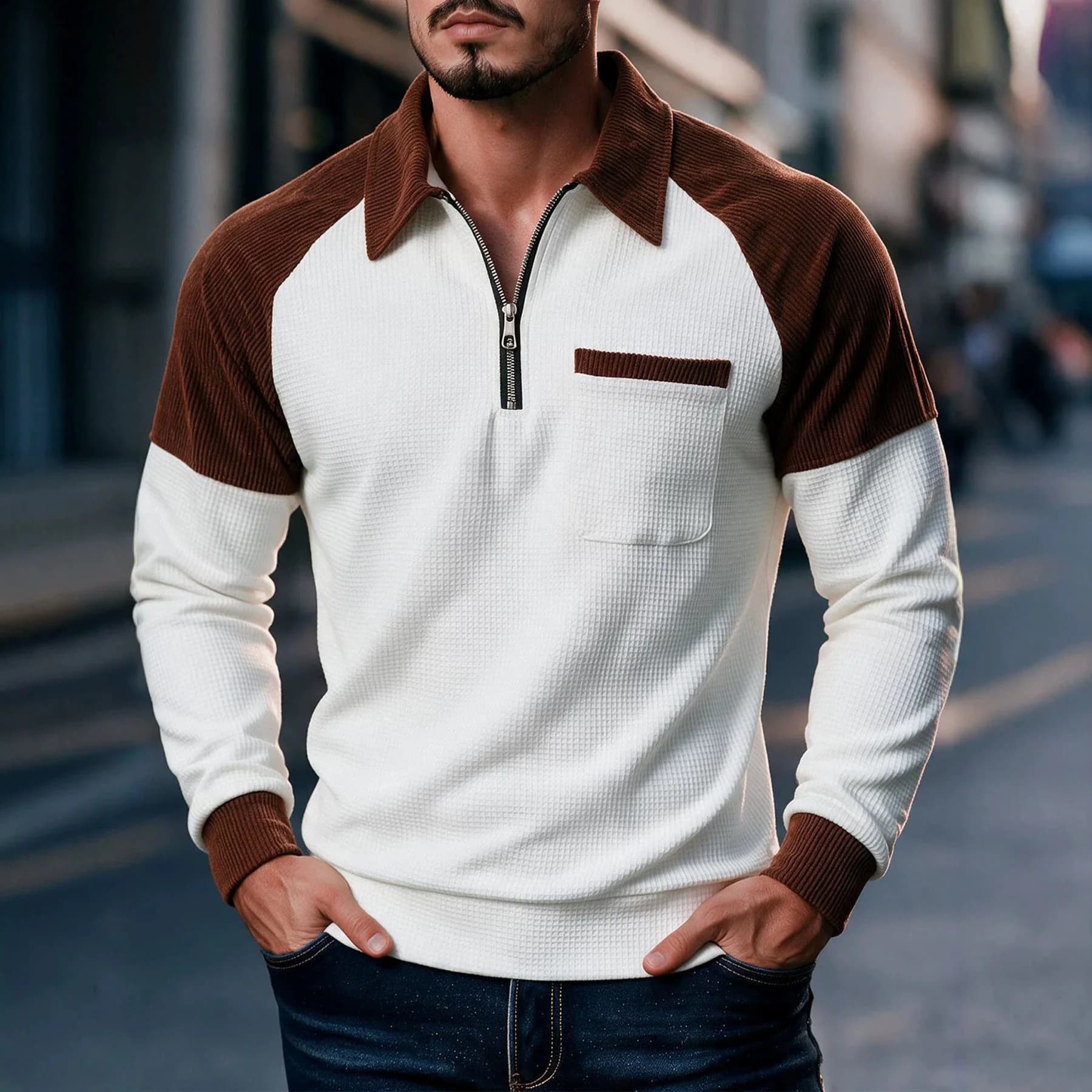 2026 Autumn Men's Polo Shirt Fashion New Waffle Splicing and color matching Long Sleeve Zipper Pocket Men's Casual Sweatshirt