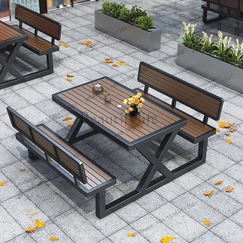 Integrated Outdoor Plastic Wood Table and Chair Set for Courtyard Garden Outdoor Open Space Park