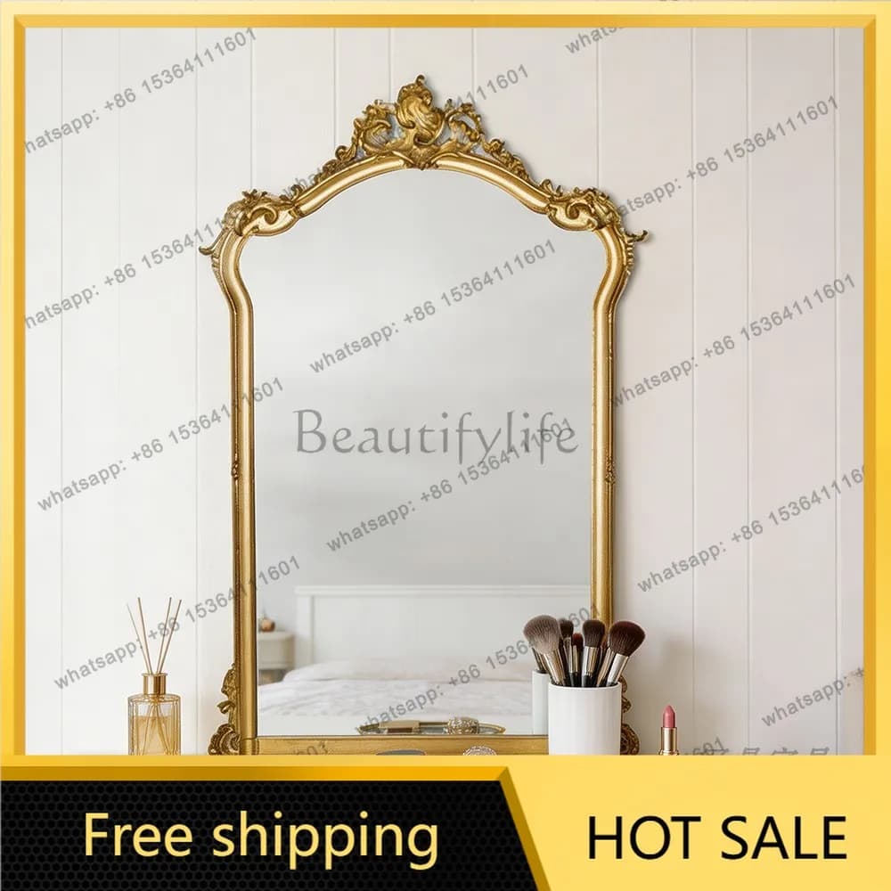 YJ French Retro Carved Irregular Art Mirror Mid‑Century Wall Mount Unit For Dressing Table Bathroom American Style Decor