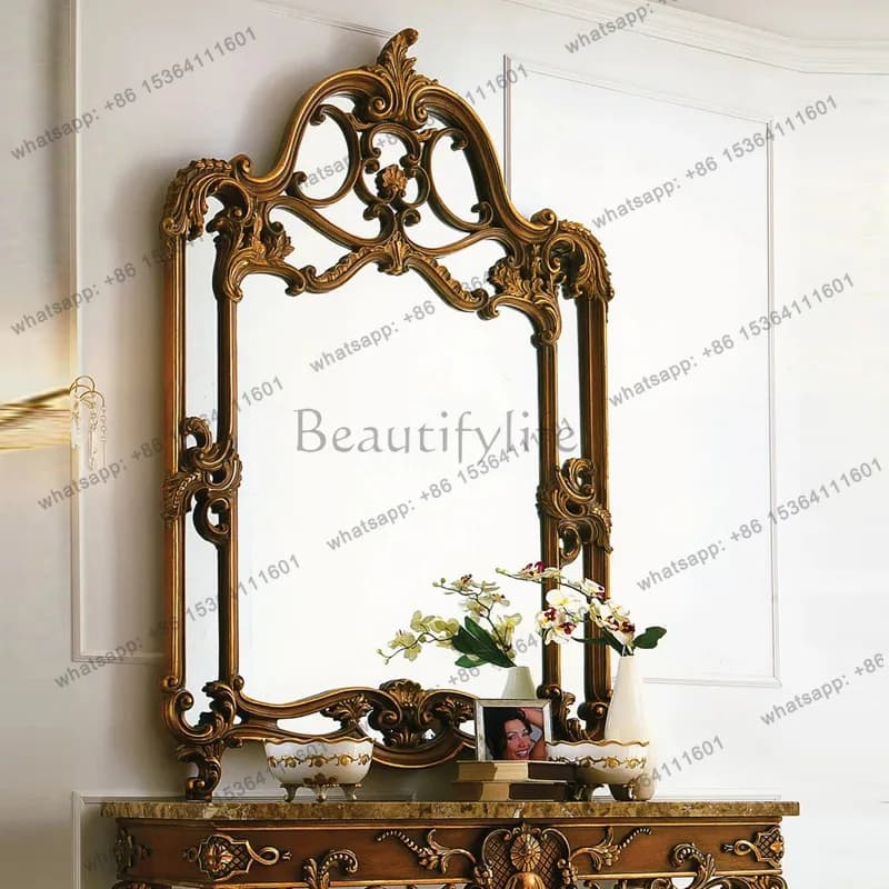 yj9 French retro carved arched wall-mounted mirror light luxury court style decorative mirror home