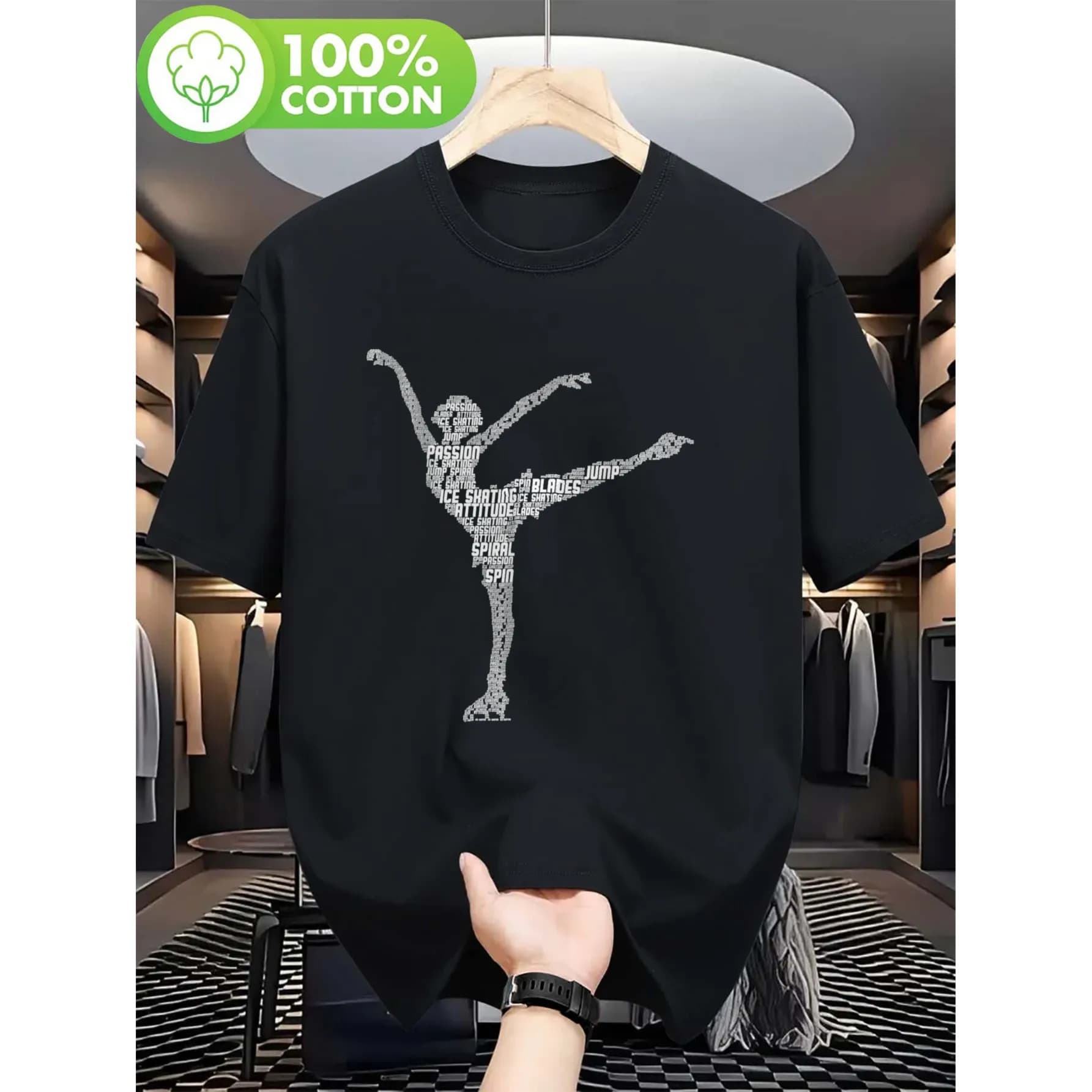 Ice Skating Word Art Figure Skater Graphic Short Sleeve T-Shirt Breathable Daily Wear