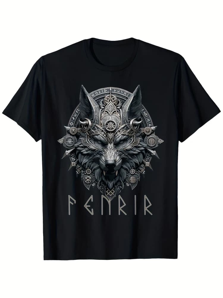 Norse Mythology Pagan Nordic Wolf  Design Ragnarok pattern -100% cotton short-sleeved O-neck men's printed T-shirt.