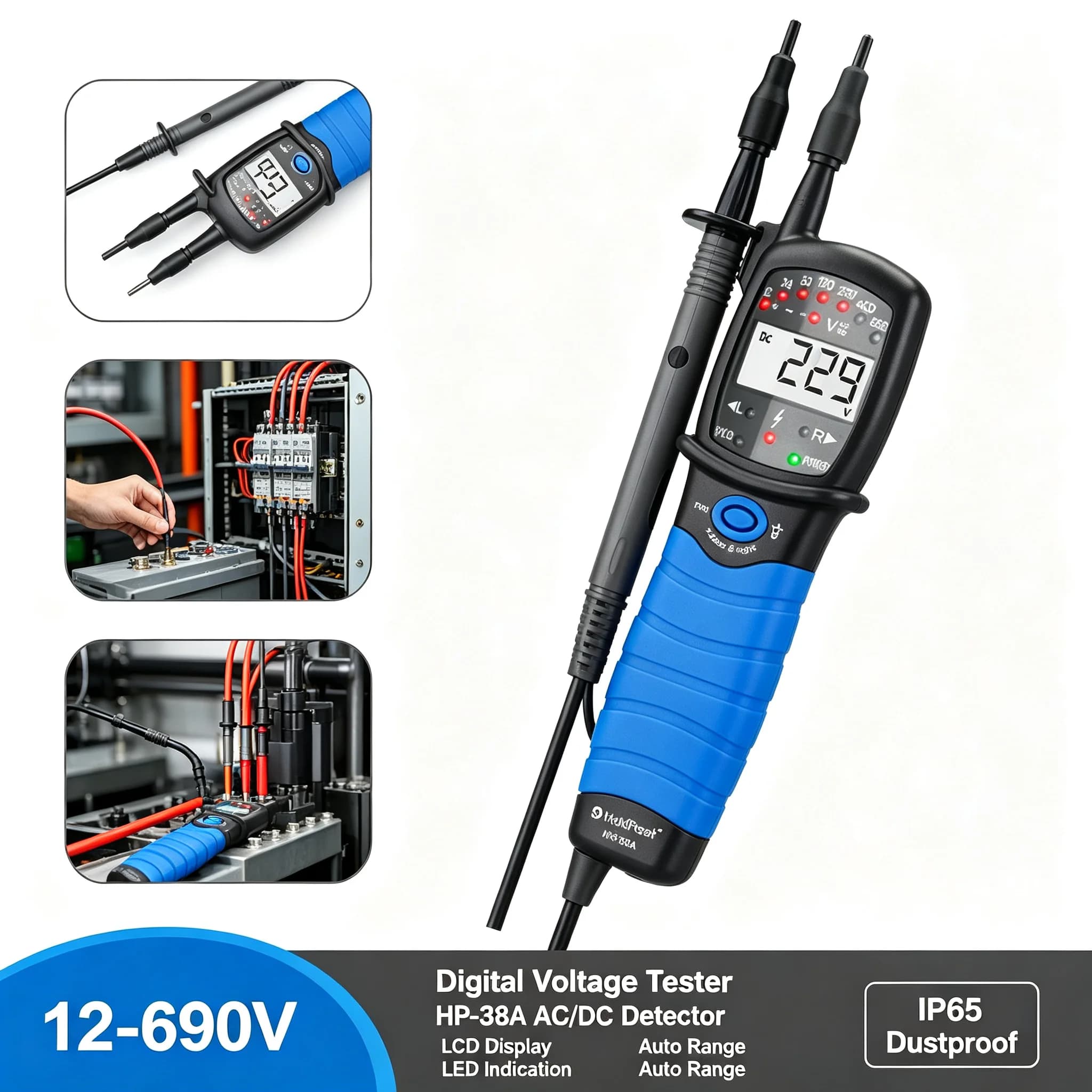 AC DC Voltage Tester 12-690V LCD Display Phase Rotation Continuity Test CAT III 690V Industrial Household Electrical Tool