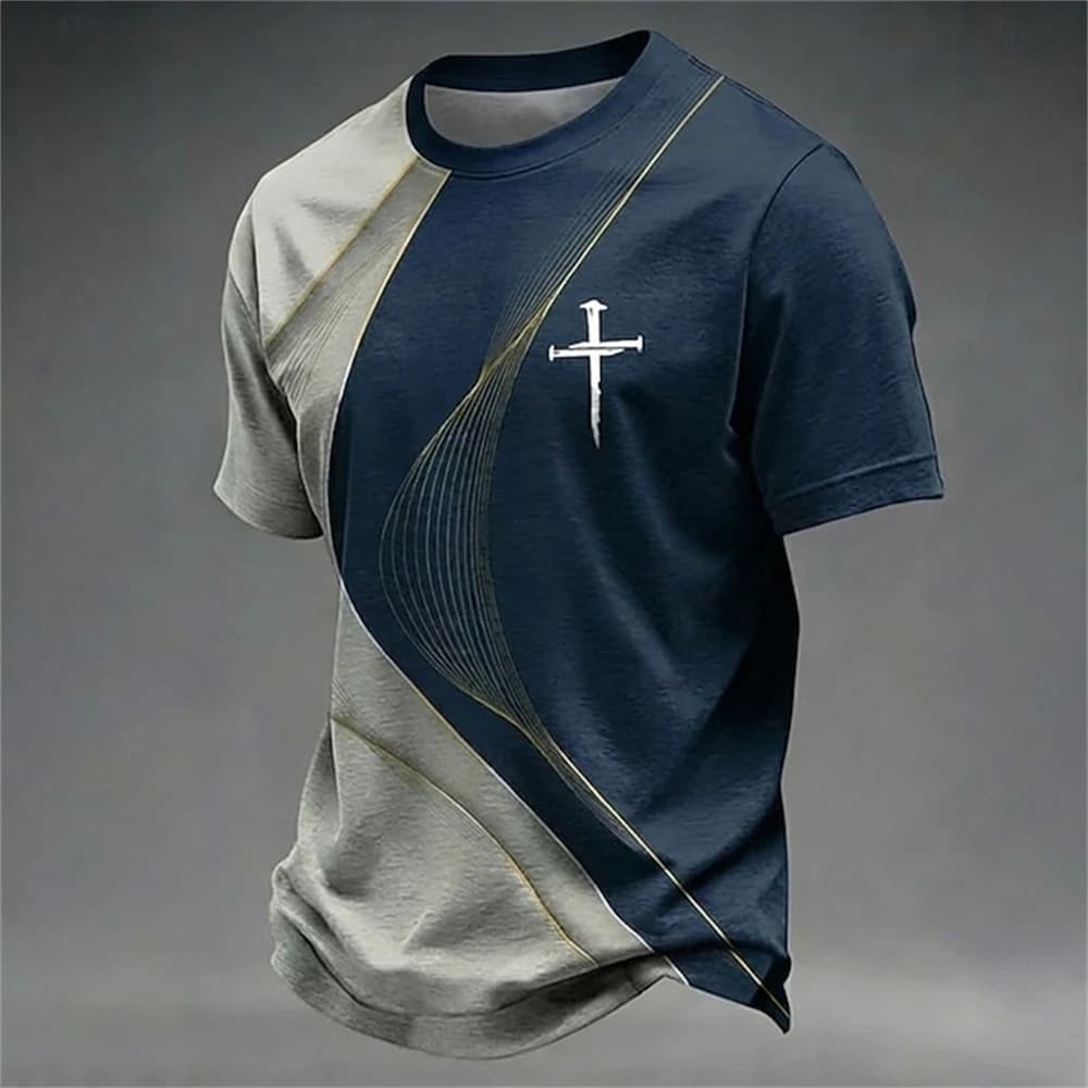 Fashion Stripe Print Men's T Shirt Fashion Cross Pattern Short Sleeve Tees Summer Casual O-neck Loose Top Street Trend Clothing
