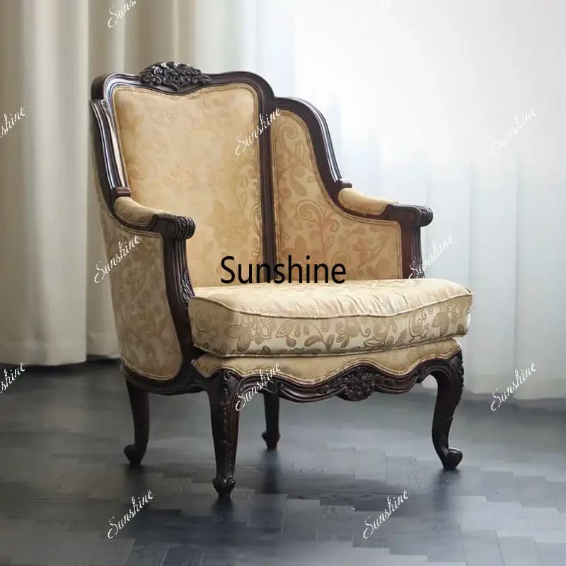 French retro solid wood carving flower single sofa living room balcony fabric