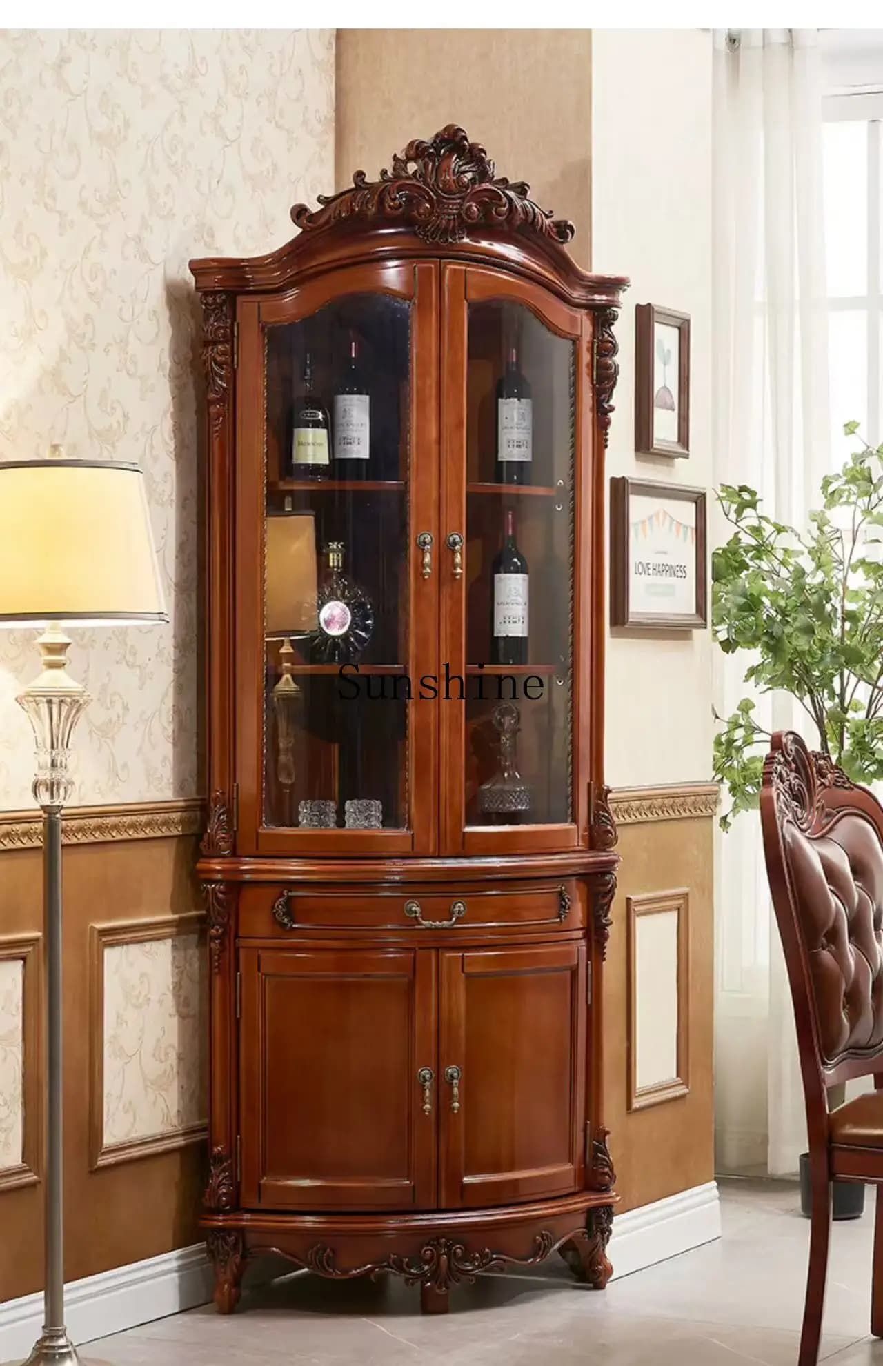 American living room wall solid wood corner cabinet household retro corner glass storageP