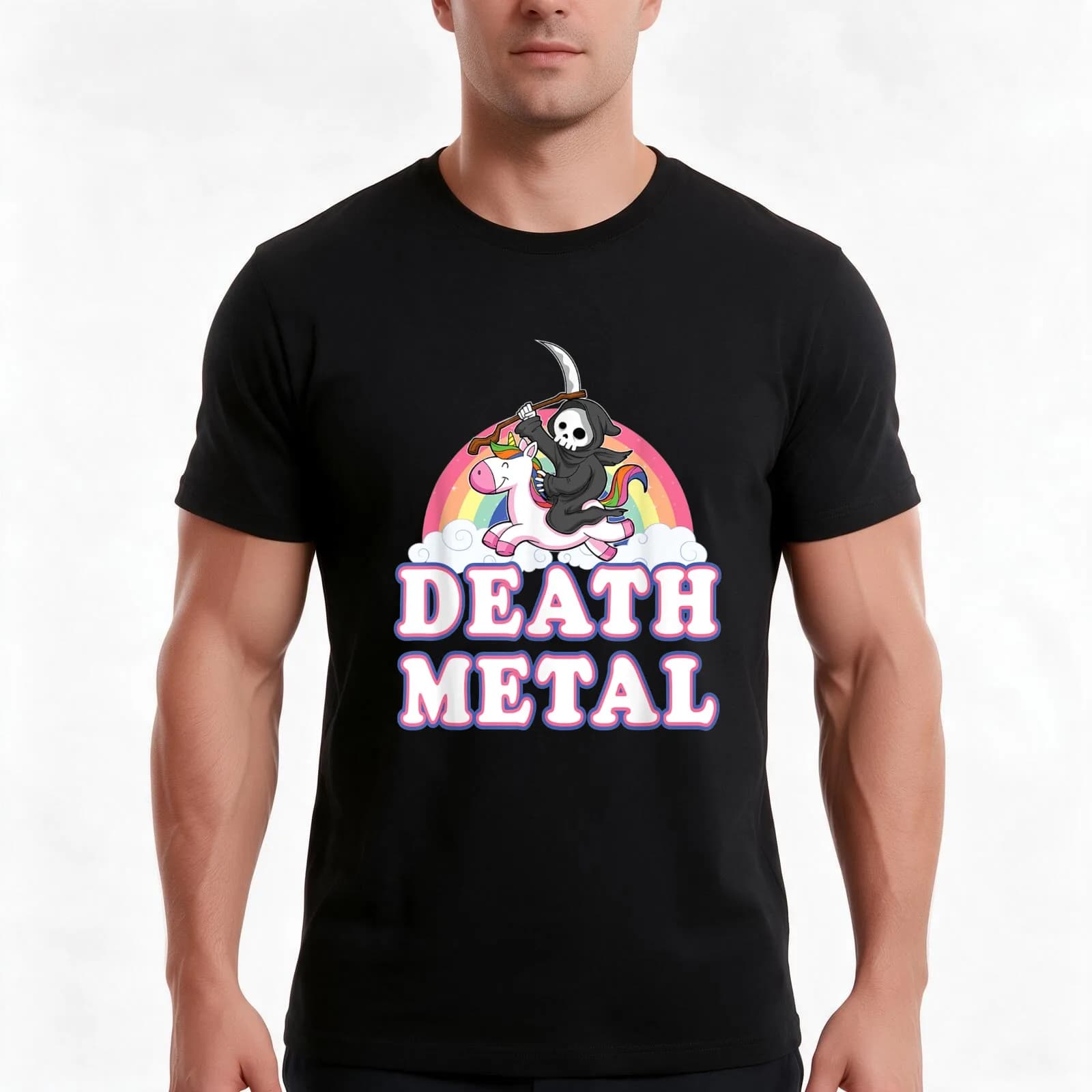 Death Metal Rainbow Grim Reaper Unicorn T-Shirt, Summer Casual Cotton Tee, Oversized Streetwear Tops, Vintage Graphic Print
