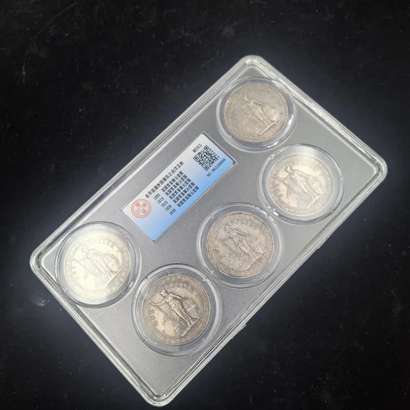 Silver-plated copper foreign currency set of coins in a box, a collection of five precious treasures