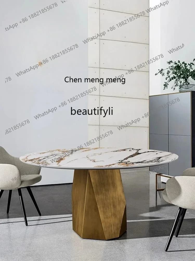 cc182Italian light luxury rock slab dining table with turntable round dining table and chair combination round dining table R