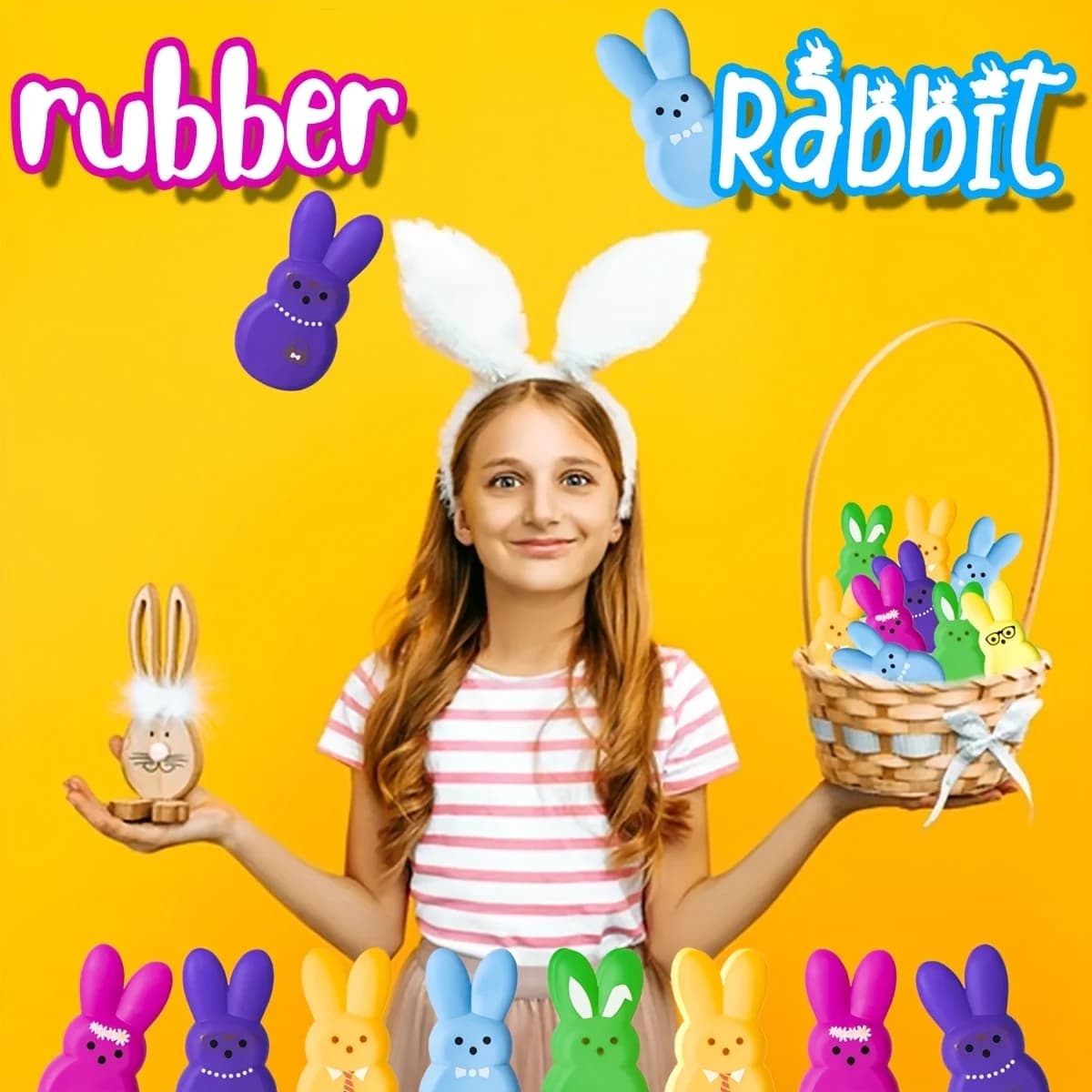 36 Piece Mini Bunny Rubber Toy Set, Non Electric Party Gift, Easter Basket Egg Hunt Decoration, Random Style