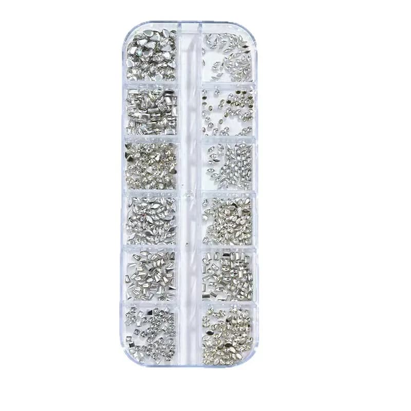 12-Grid Internet Celebrity Super Shiny Nail Rhinestone Set Mini Faceted Zircon Pointed & Round Irregular Nail Art Decorations