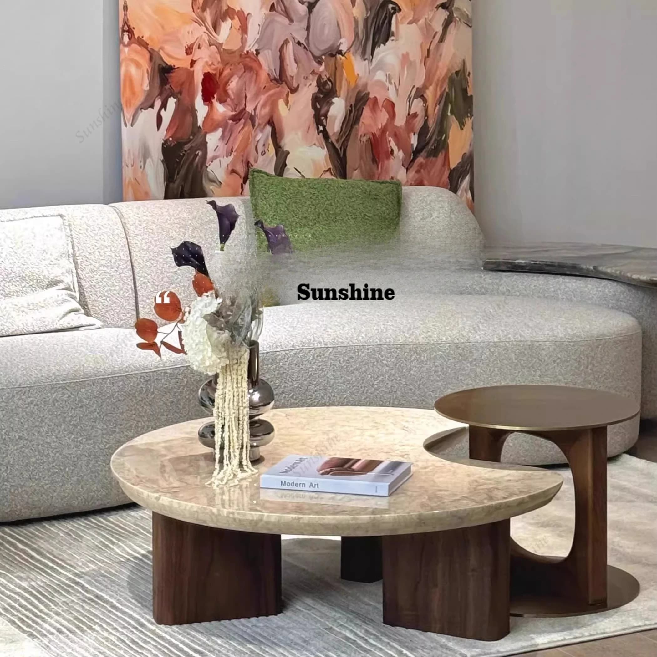 Minimalist luxury stone round coffee table, small apartment marble combination coffee table
