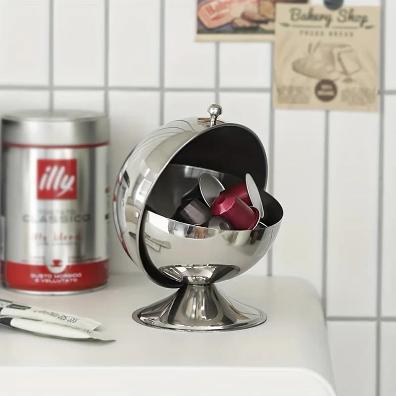 Stainless Steel Storage Jar Sphere Storage Jar with Flip-Top Lid  Modern Round Desktop Organizer for Kitchen Home Office