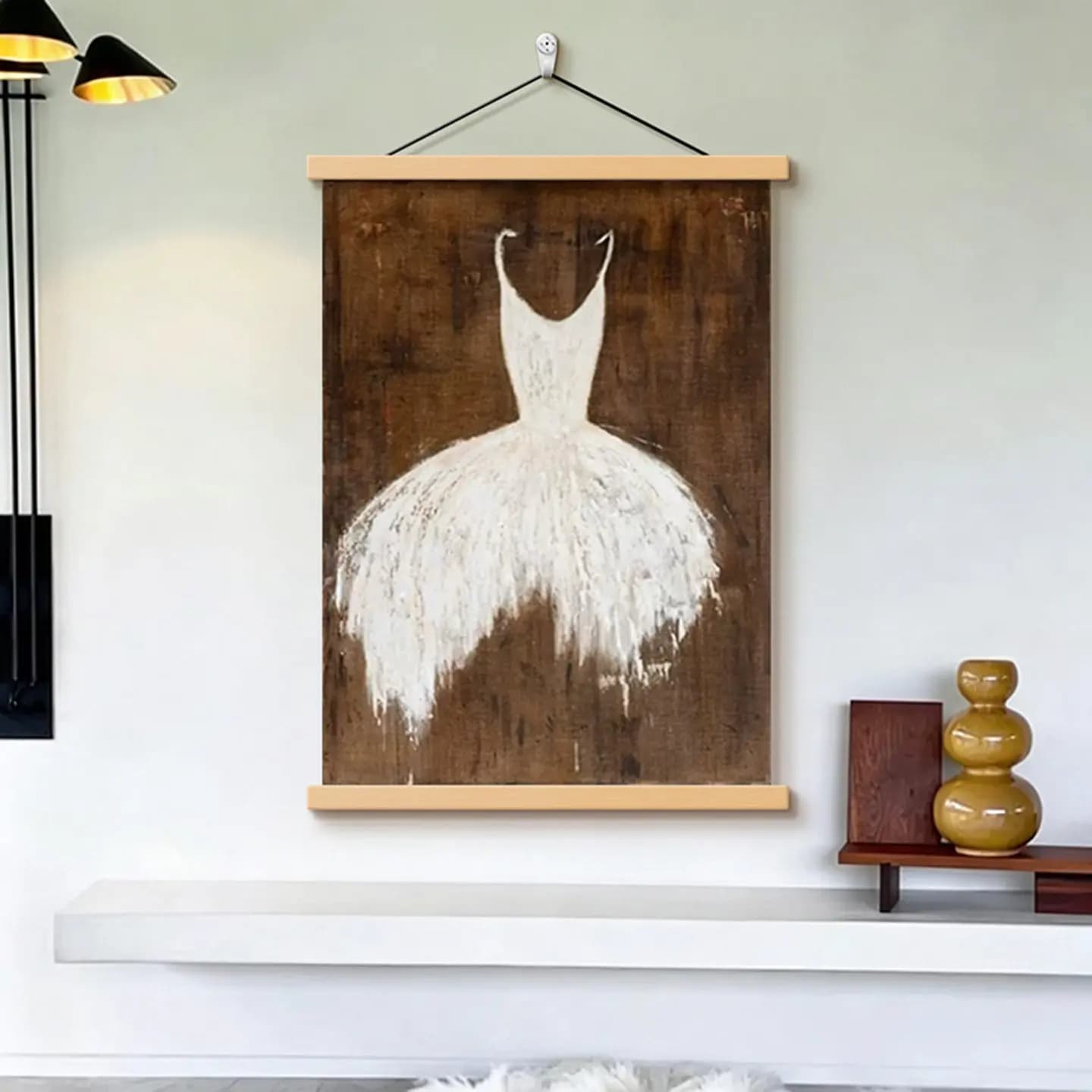 Wall Art Abstract Ivory Silhouette Brown Wabi Sabi Pearlescent Canvas Hanging Scroll with Wooden Rods for Living Room Entryway