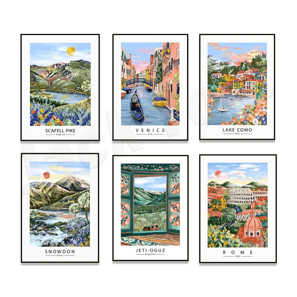 Italy Lake Como, Rome, Venice, cable car, Snowdonia National Park, Sri Lanka Ella train print, Kyrgyzstan travel poster, Bohemia