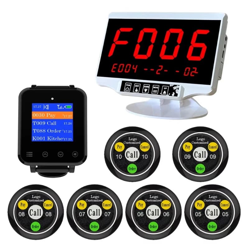Wireless desktop button call bell system, with waterproof watch receiver, set to different languages