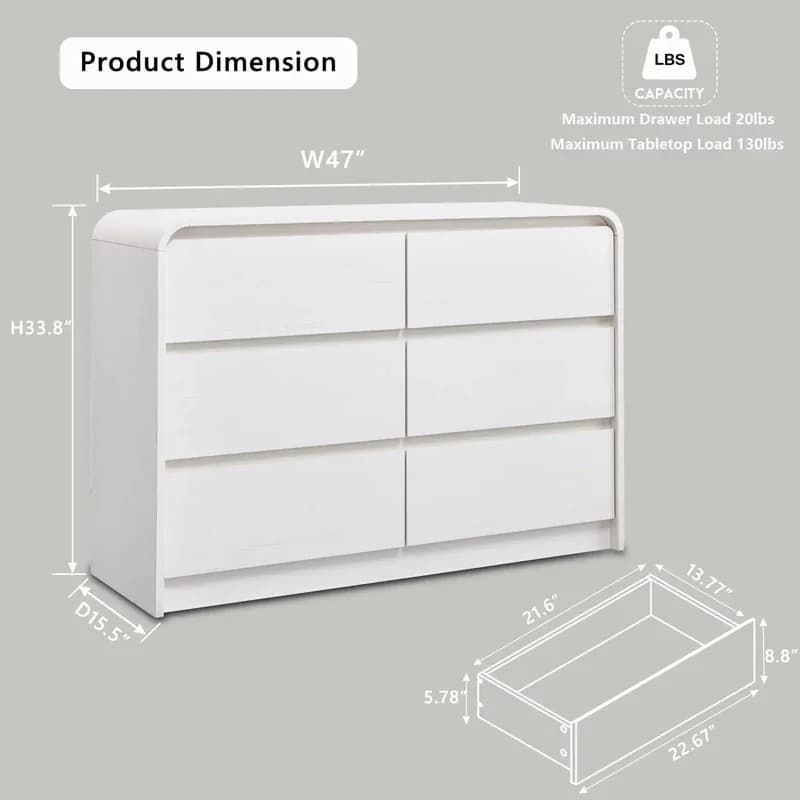Modern 6-Drawer Dresser, 47" Wide Wooden Chest with Curved Design, Natural Texture for Bedroom Storage.