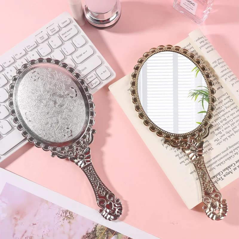 Vintage Electroplated ABS Handheld Mirror, Chinese Style Portable Vanity Mirror, Antique Princess Decorative Mirror