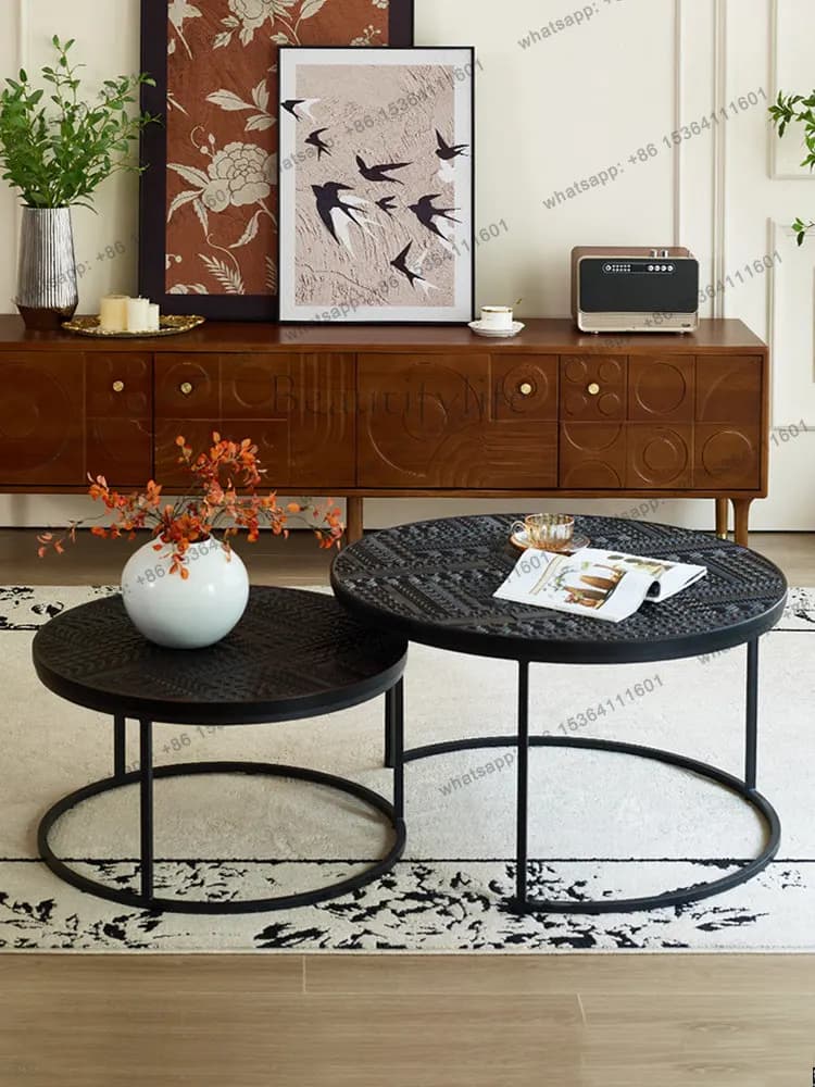 French retro wind solid wood carving flower size coffee table black retro wrought iron