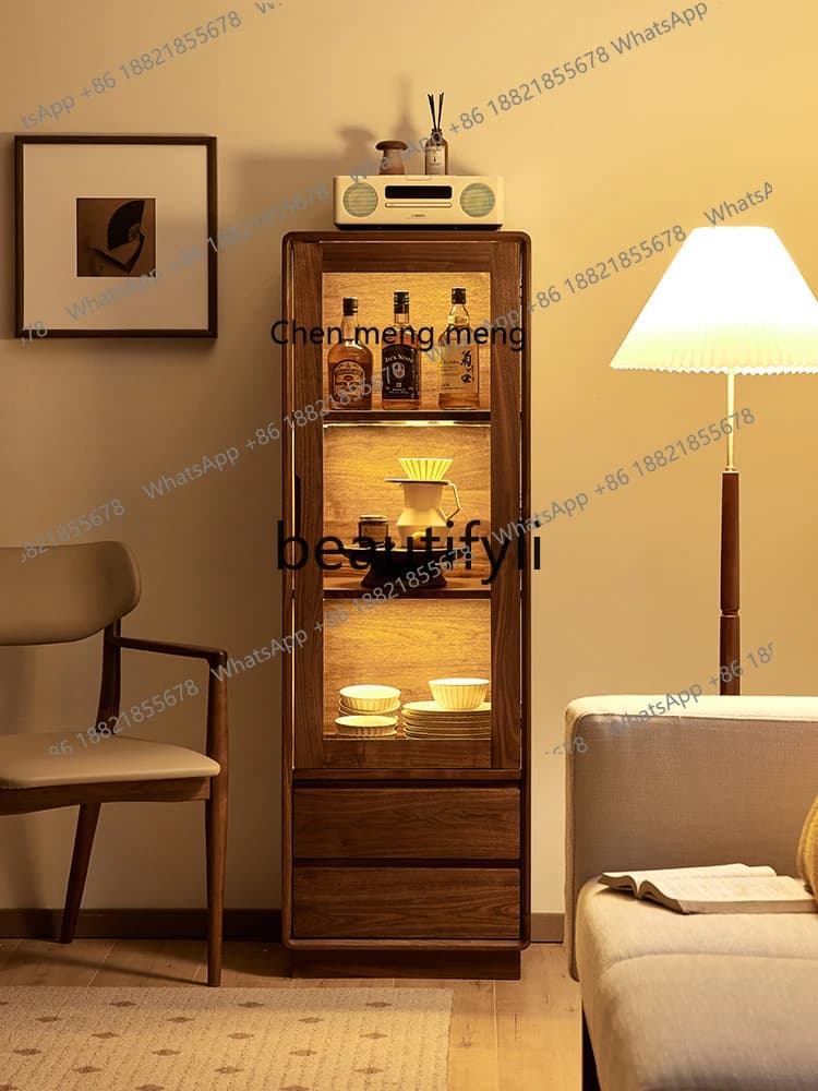 178North American black walnut wine cabinet Nordic simple solid wood vertical cabinet Home living room glass display locker
