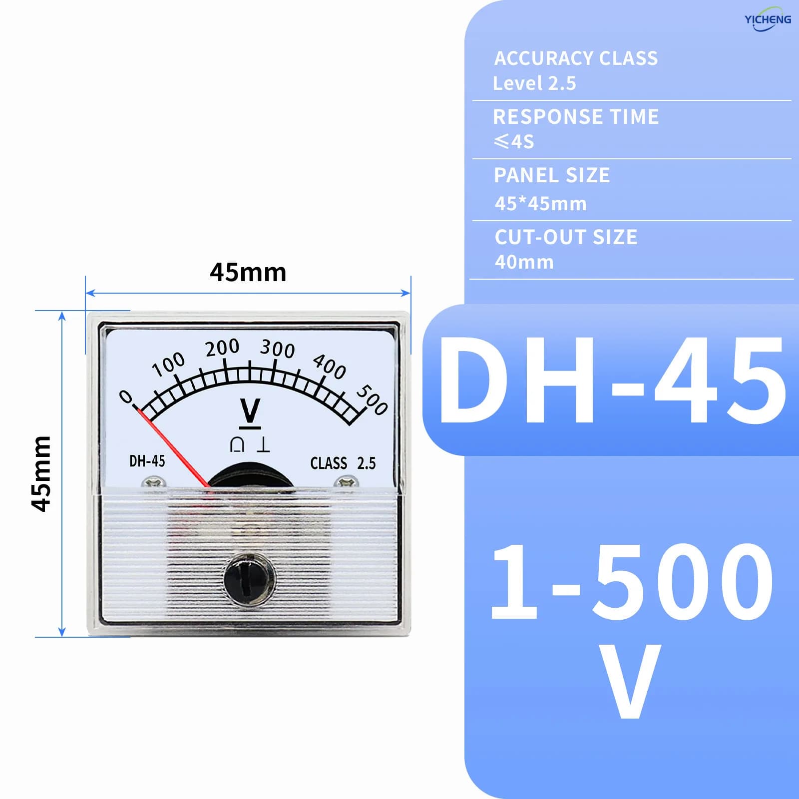 YICHENG Voltmeter Pointer Meter, DC/AC 1V~1000V, DH Series Panel Size 45mm/55mm/60mm/65mm/80mm. Direct Connection