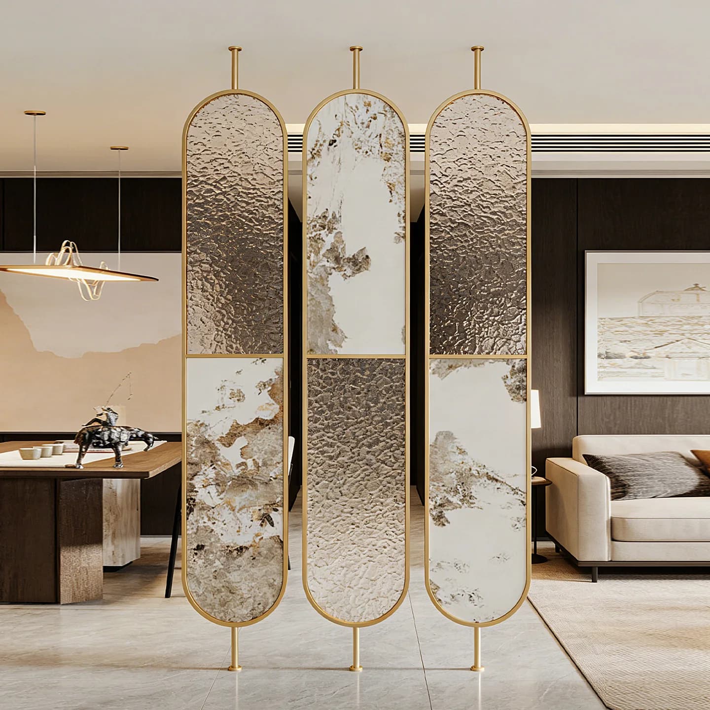 BJ  Home stainless steel glass screen New Chinese style indoor partition wall Restaurant hollow block background wall