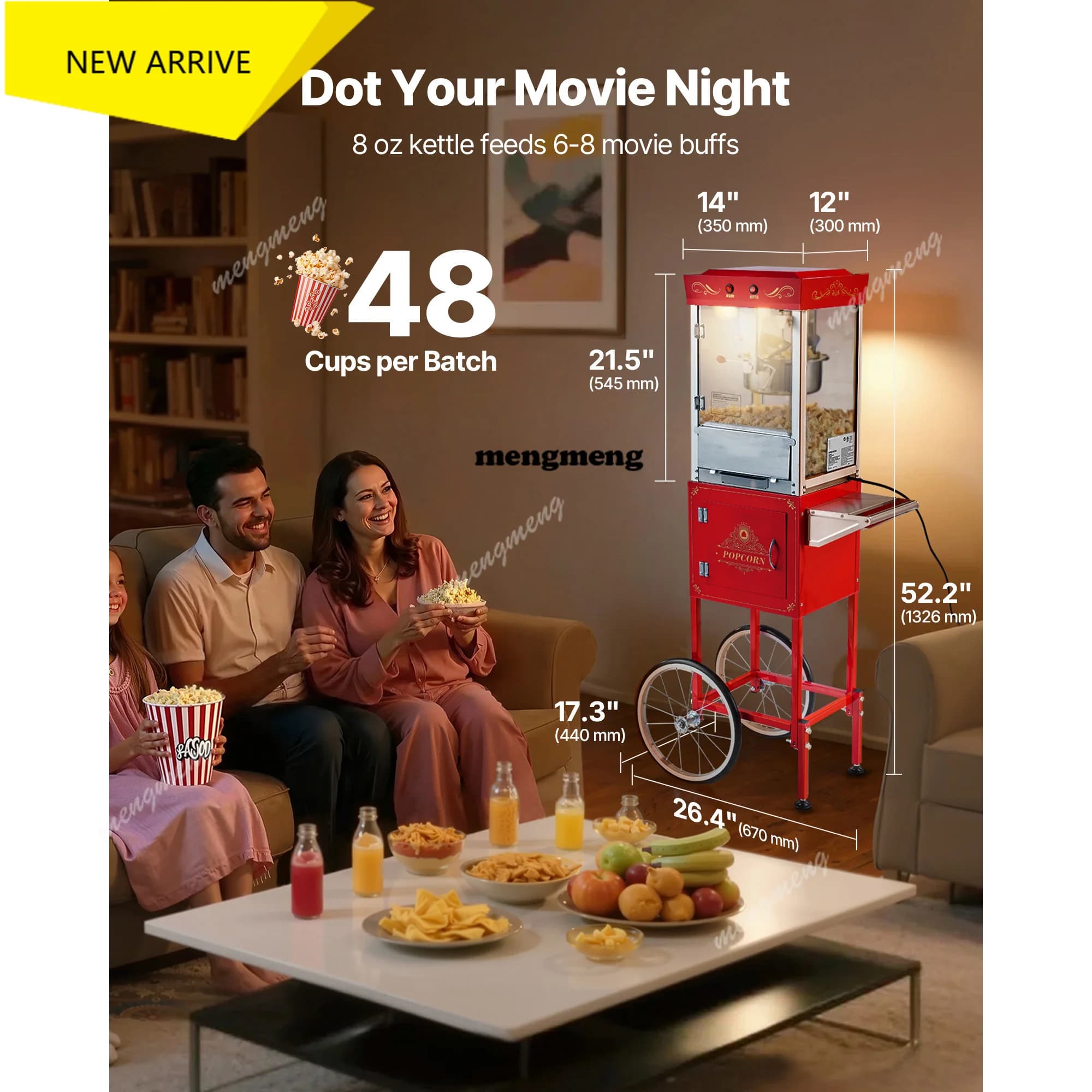 Popcorn Machine with Cart Stainless Steel Kettle Popcorn Maker with 2-Button Control Glass Wall PC Door 1 Scoop 3 Spoon