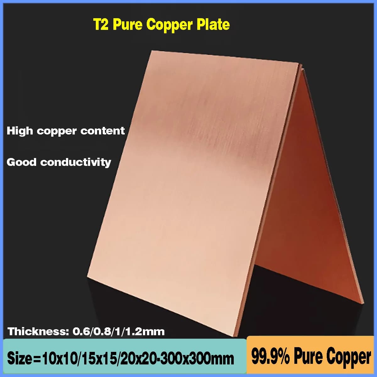 Thickness: 0.6/0.8/1/1.2mm 99.9% Copper Sheet T2 Copper Plate Pure Copper Cu Metal 10x10/15x15/20x20-300x300mm