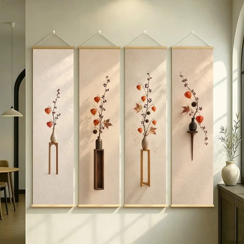Orange Berry Wall Art 4-Panel Autumn Branch Vase Hanging Scroll Set on Beige Silver Shimmer Canvas for Warm Entryway Decor