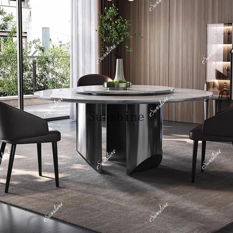 Natural Italian light luxury high-end marble dining table with turntable  FT