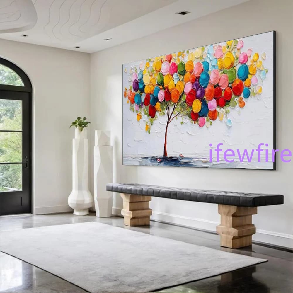 100% Handmade Abstract Oil Painting on Canvas Mural Colorful Tree of Life Wall Art Picture for Living Room Decor Image Artwork