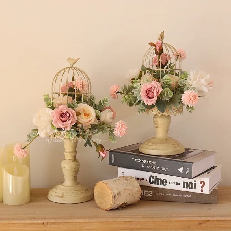 Birdcage ornament set Iron material simulation flower small fresh Nordic style desktop Home desktop decoration window study 1Pc