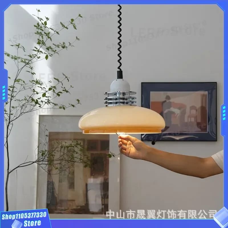 Vintage French Bauhaus Cream Glass Chandelier Antique Wabi Sabi Style Retractable Pendant Light for Japanese Bar Restaurant