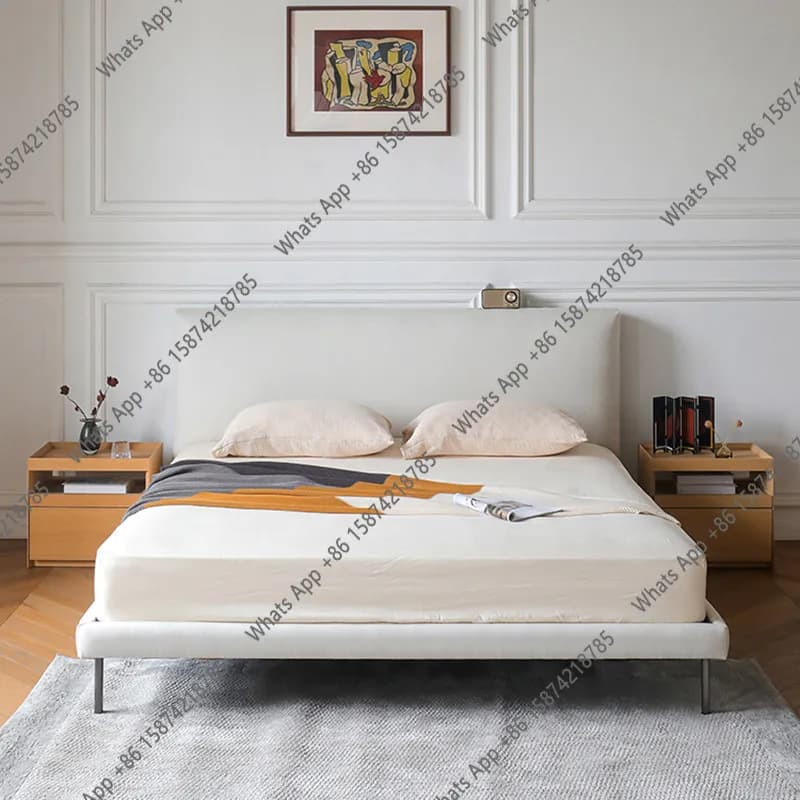 Italian minimalist fabric bed double bed master bedroom light luxury soft bag bedside white flush edge bed high-end Minimali