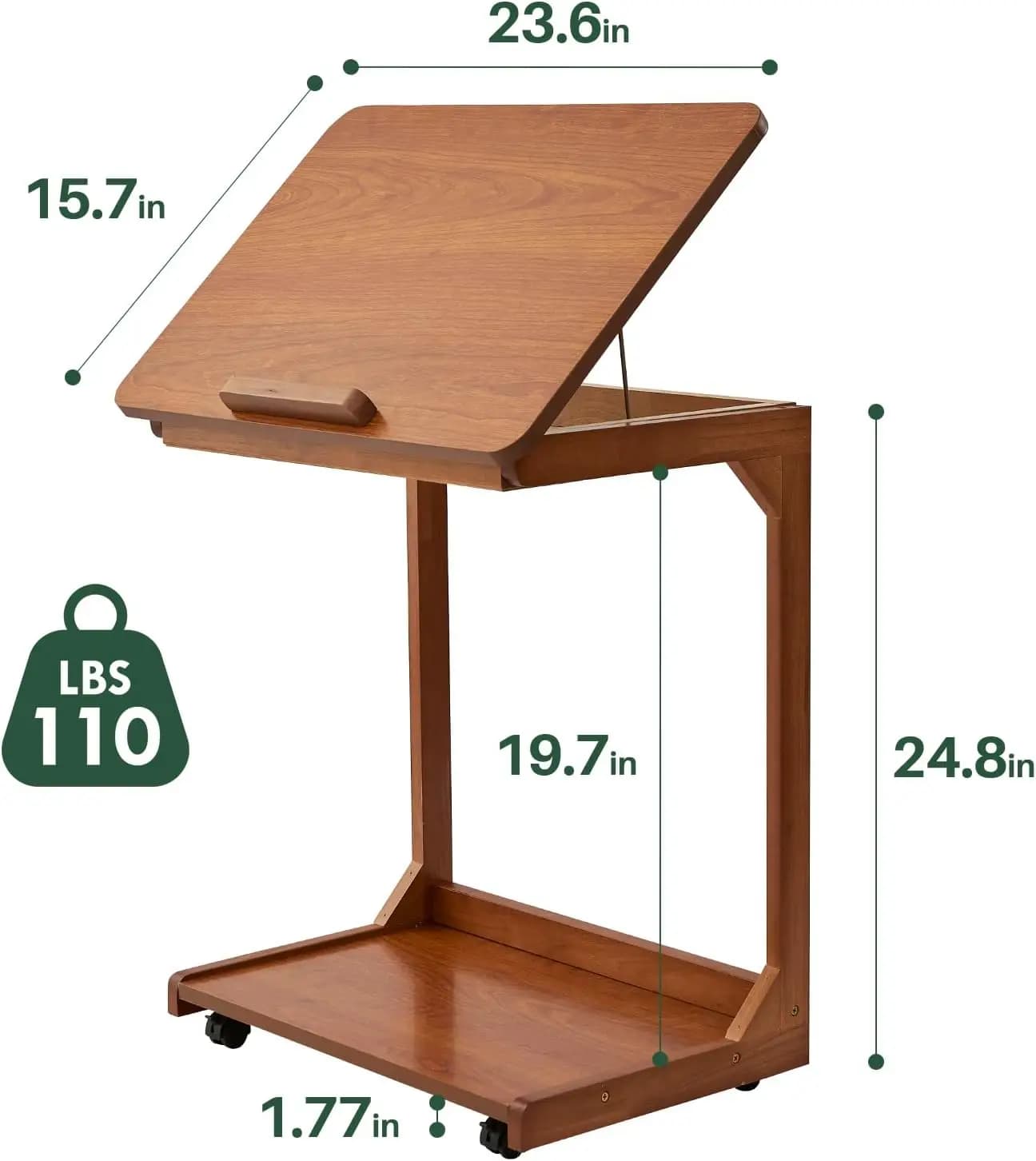 Shaped End Table with Wheels Solid Wood Shape Rolling Side Table  Wooden Tv Tray Under Bedside Tables for Sofa