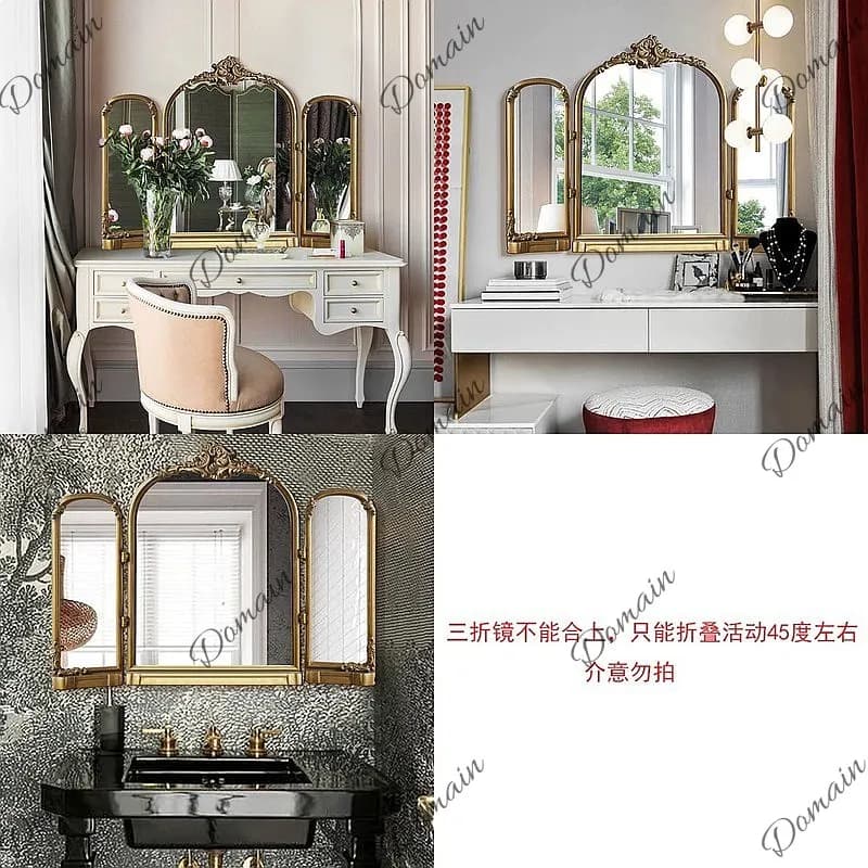 French Vintage Carved Wall-Mounted Vanity Mirror, 3-Fold Smart Dressing Mirror for Bedroom Desk
