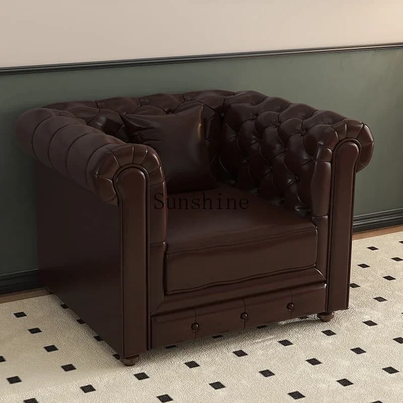 American retro leather sofa living room straight row classic buckle medieval solid wood sofa