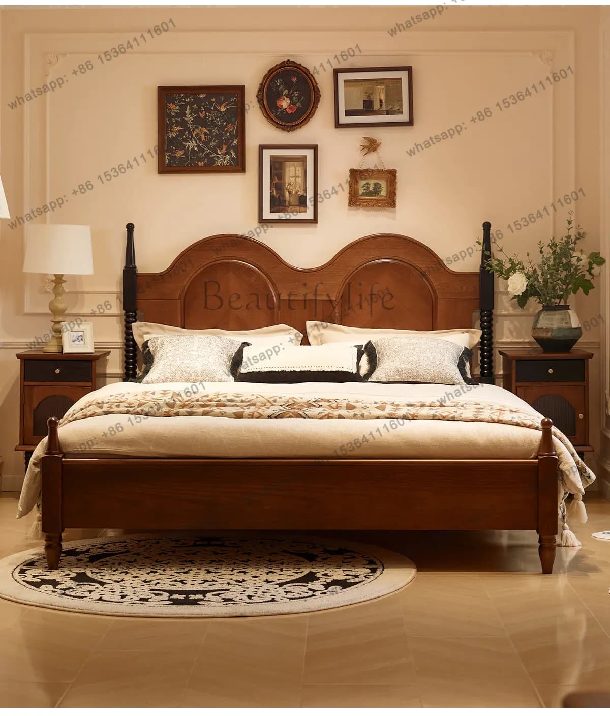 French retro solid wood home double bed American simple modern medium and ancient bed