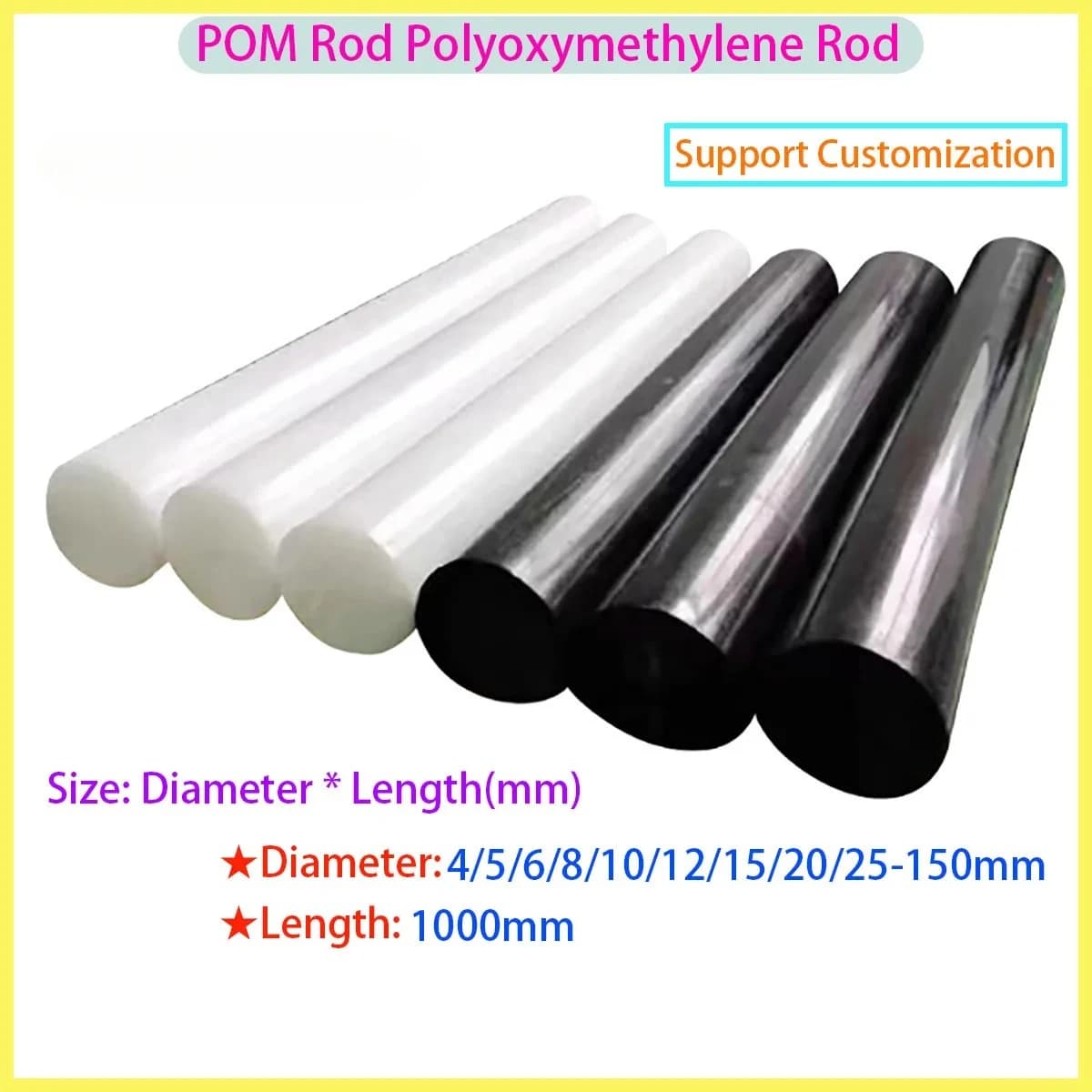 Black and white POM rod, polyoxymethylene rod, wear-resistant solid plastic rod, diameter 4/5/6/8/10/12/15/20/25-150mm