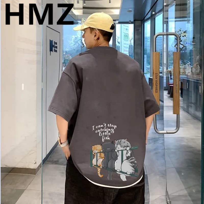 HMZ Summer Cotton T Shirt For Men 2025 Oversize Men Cotton T Shirts Men Casual T-shirt Cat Print Tshirt O-Neck Short Sleeve Man